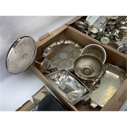 Quantity of silver plate and other metal ware, including sugar caster, tureens, serving dishes, pair of candelabra etc, in two boxes 