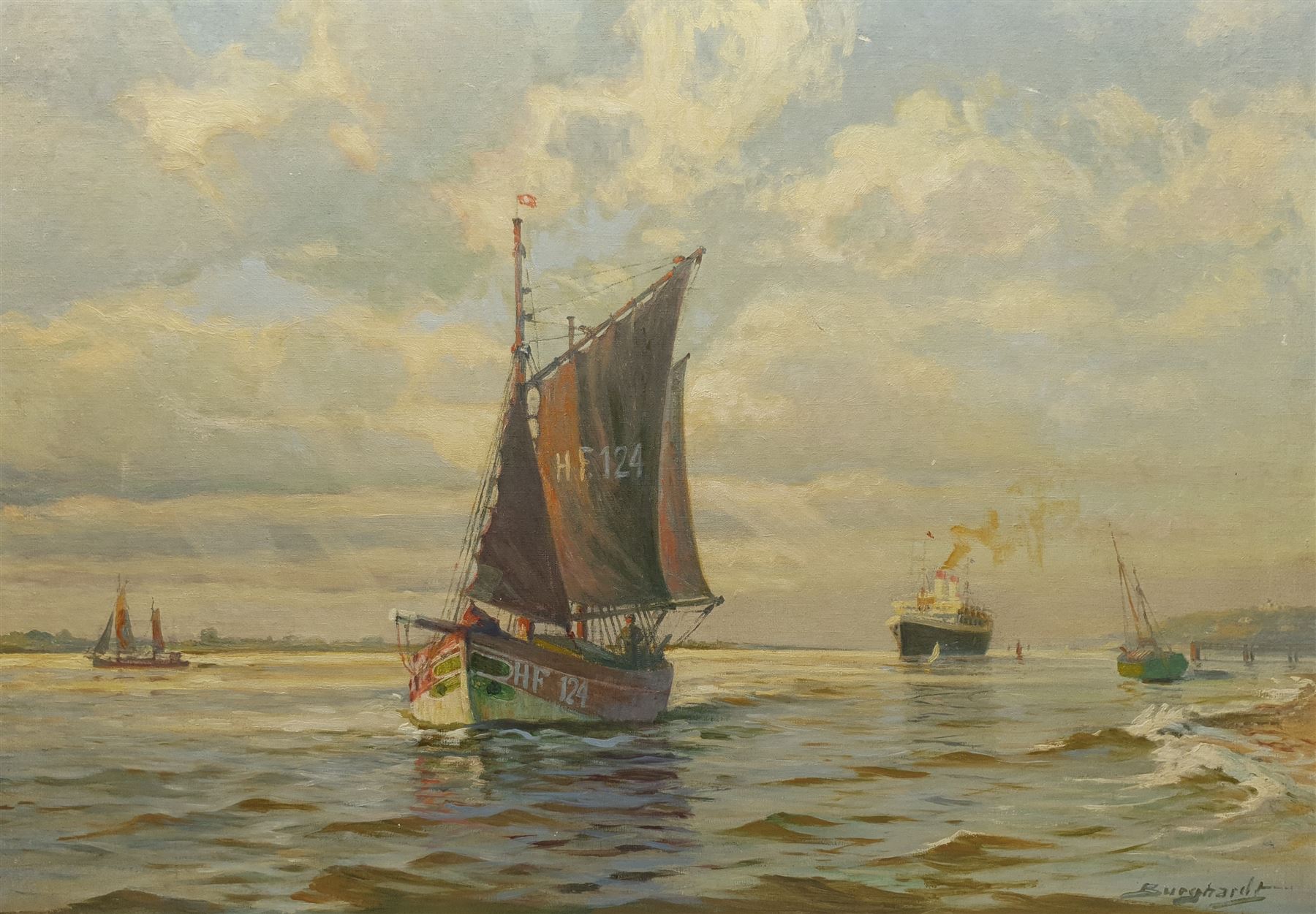 Gustav Burghardt (German 1898-1970): Shipping on the Elbe, oil on board signed 69cm x 98cm