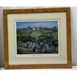 After Margaret Loxton (British 1938-): 'Cafe de France'; 'Lavender Harvest Lacoste'; 'Olives and Sunflowers' and 'Boules Players', set four limited edition colour prints signed titled and numbered /1950 max 26cm x 34cm (4)
