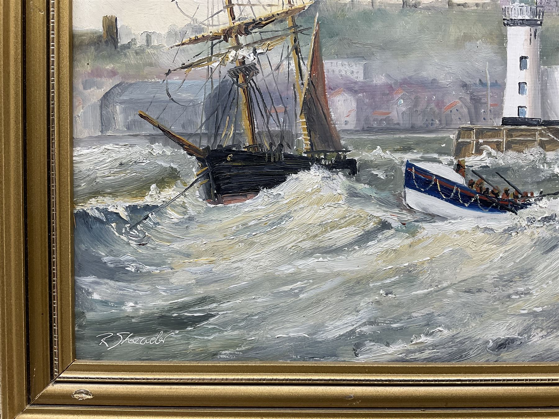 Robert Sheader (British 20th century): Boats Leaving Scarborough Harbour, oil on board signed 22cm x 29cm