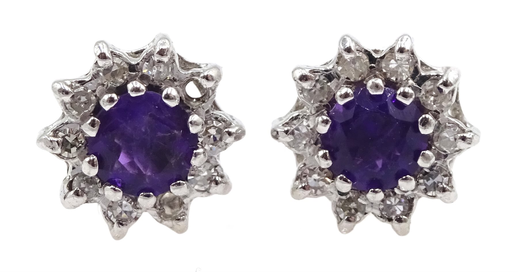 Pair of 9ct gold amethyst and diamond cluster stud earrings