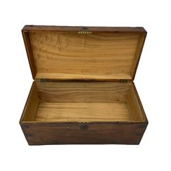 19th century camphor wood and metal bound sea chest, hinged lid, fitted with brass carrying handles`