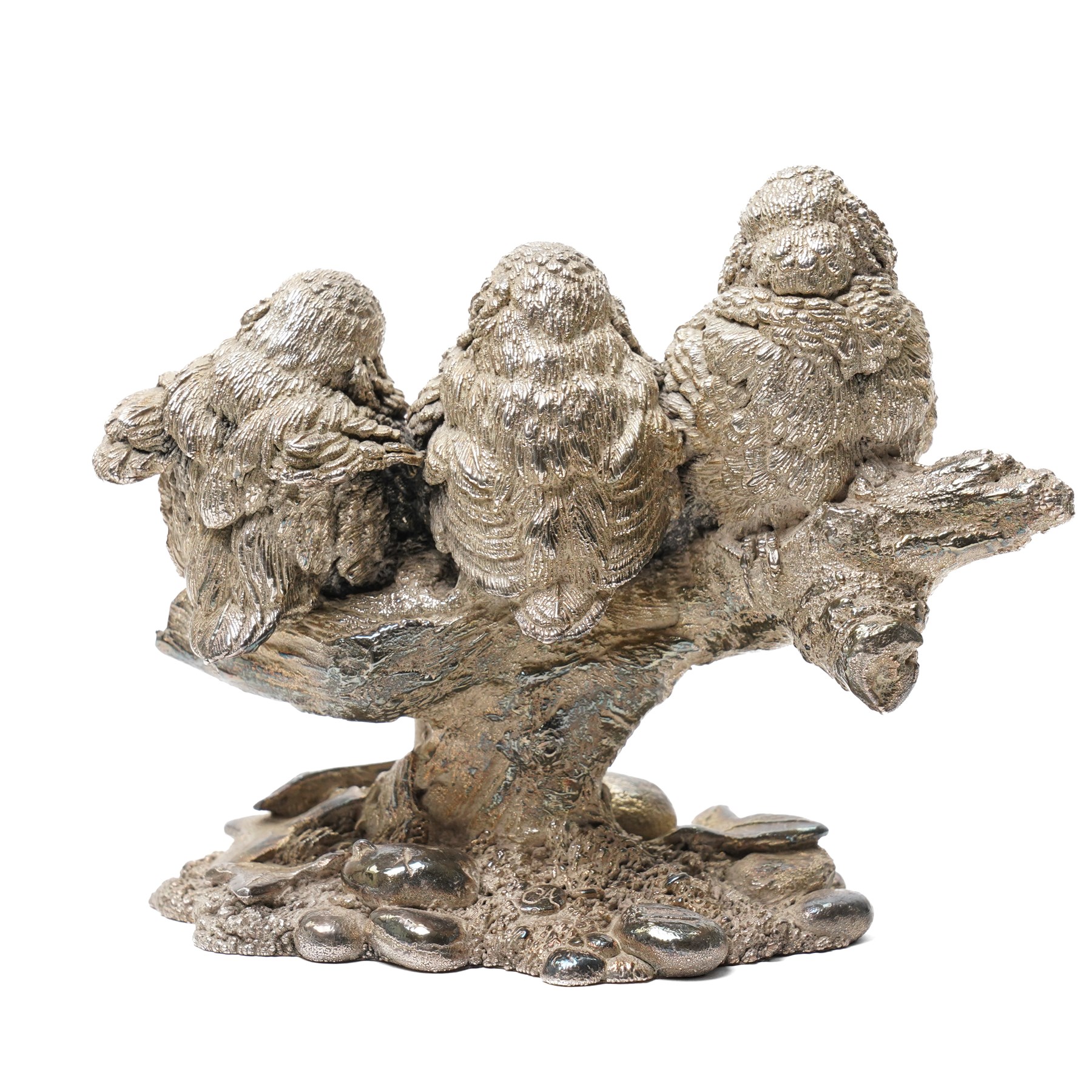 Country Artists silver filled model of three owlets on a branch W12cm