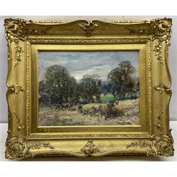 George Smith (Scottish 1870-1934): Harvesting, oil on board signed 30cm x 40cm 
Provenance: with Doig Wilson & Wheatley, Edinburgh, label verso