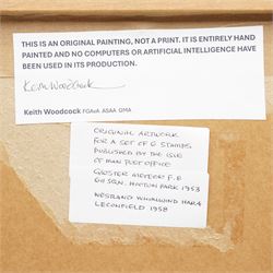 Keith Woodcock (British Contemporary): 'Gloster Meteor and Westfield Whirlwind', gouache signed for set of six stamps pub. Isle of Man Post office, framed together with the RAF First Day Covers 23cm x 26cm