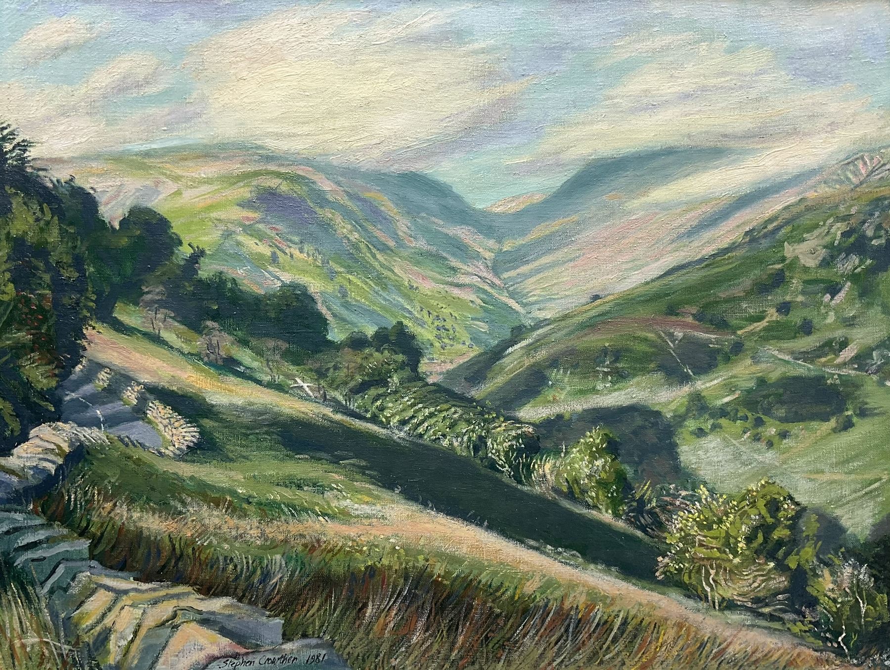 Deryck Stephen Crowther (Northern British 1922-2007): 'Cumbrian Fells - Head of Troutbeck Valley', oil on canvas signed and dated 1981, titled verso with artist's address 45cm x 60cm 
Provenance: from the collection of renowned film director Ridley Scott.