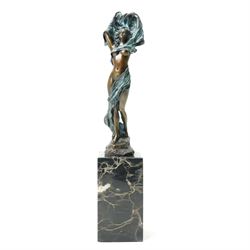 Art Nouveau style bronze figure of a dancing lady, signed Milo, on black marble base, H35cm