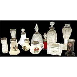 Group of silver mounted glass scent bottles and crested ware, together with a Brierglass lead crystal box with a glass and silver, lid, etc all silver with various hallmarks. 