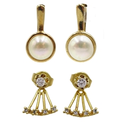 Pair of 14ct gold pearl earrings and a pair of 14ct gold cubic zirconia and diamond pendant earrings, both stamped