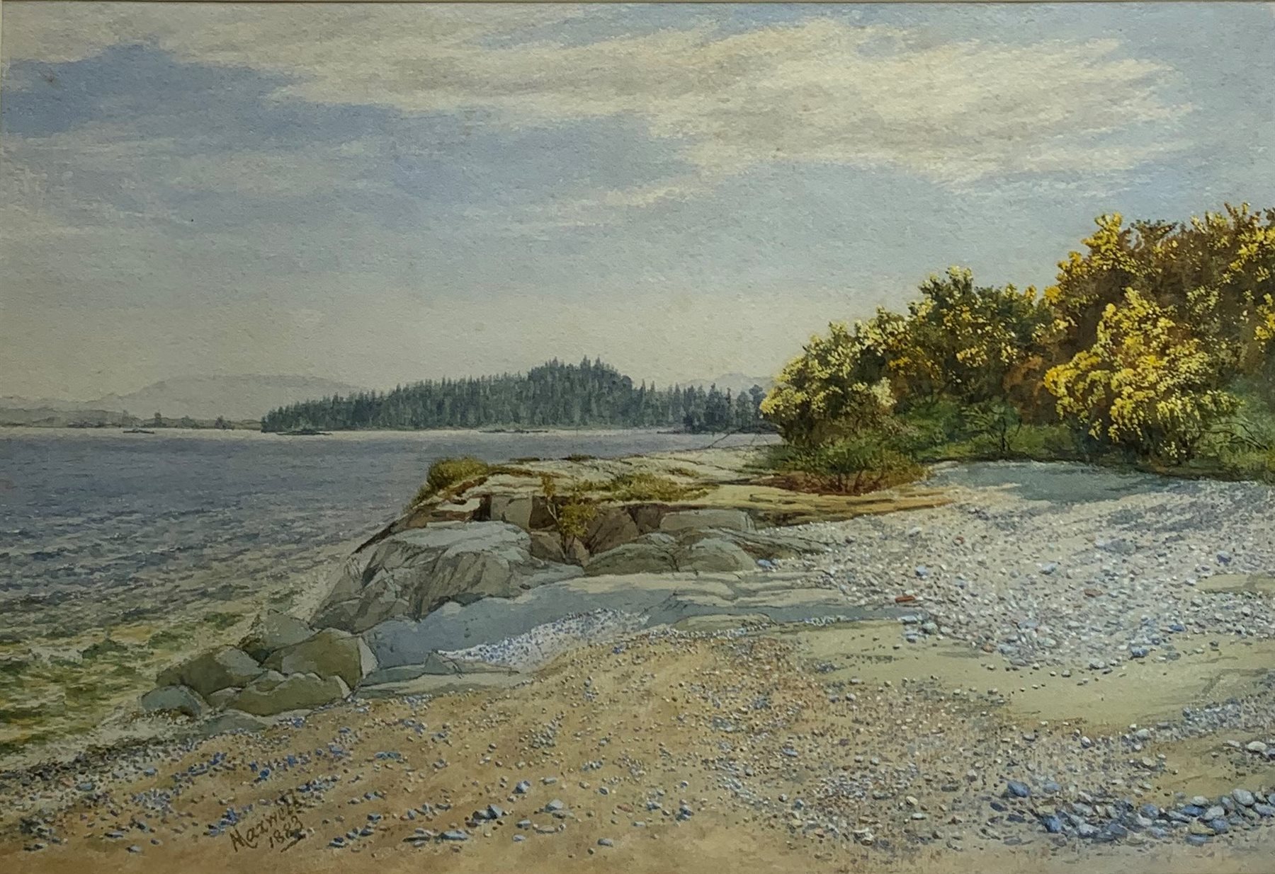 J Hamilton Maxwell ((Scottish 1830-1923): The Pebble Shore Bellochantuy Kintyre, watercolour signed and dated 1883, 35cm x 52cm