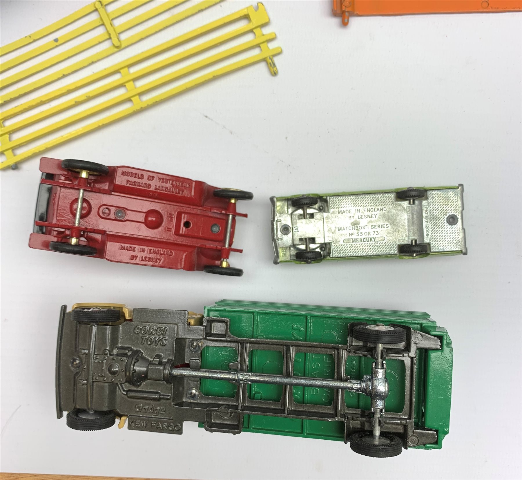 Corgi - Dodge 'Kew Fargo' Livestock Transporter No.484 (no animals); Crescent Cattle Trailer No.1811; Matchbox King Size Refuse Truck No.K-7, Matchbox MOY 1912 Packard Landaulet No.Y-11 and Matchbox 73 Series 1968 Mercury, all boxed (5)