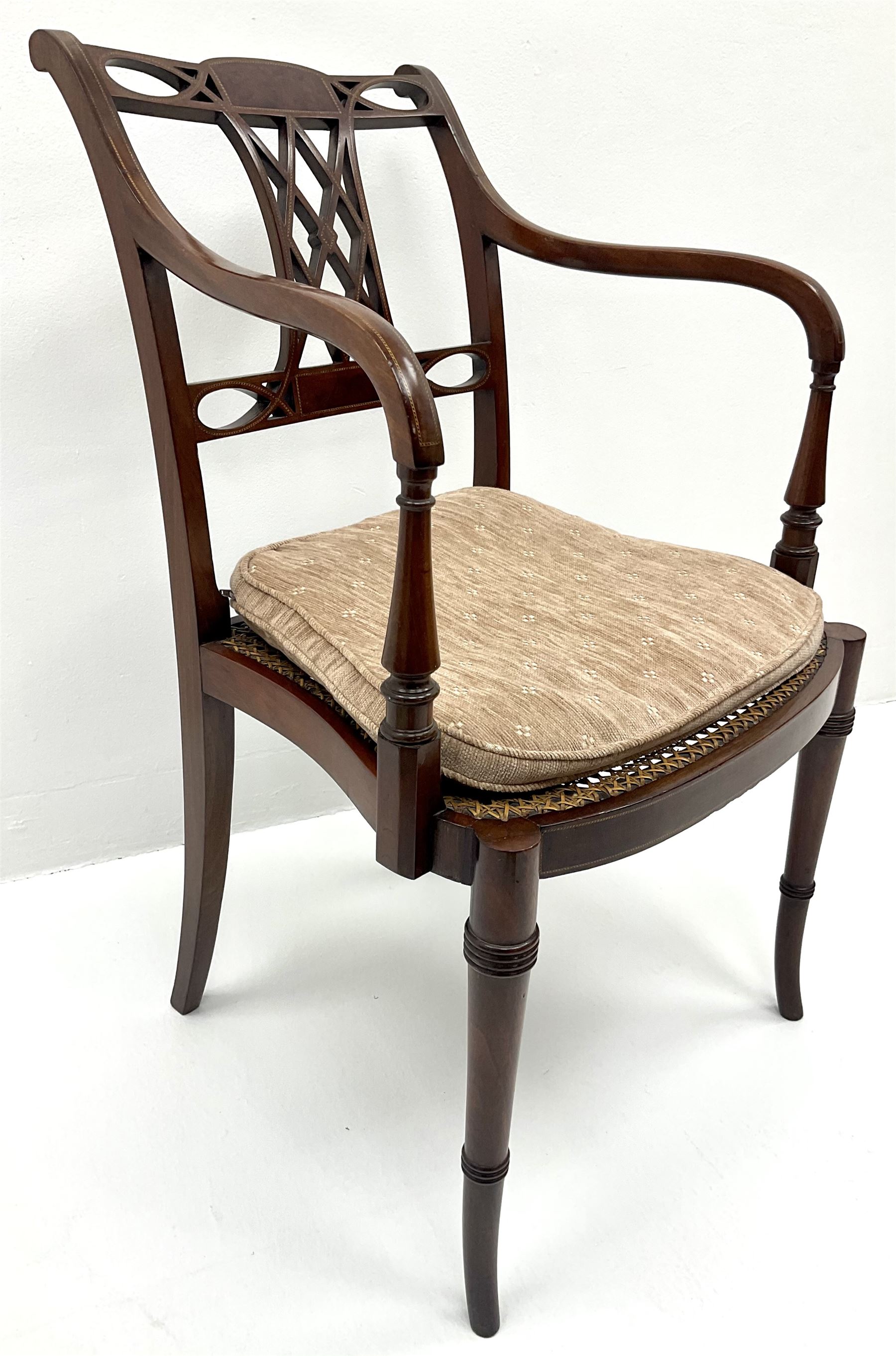 Edwardian inlaid elbow chair, shaped splat, rush weave seat, turned and