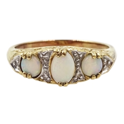 9ct gold three stone opal and diamond chip ring