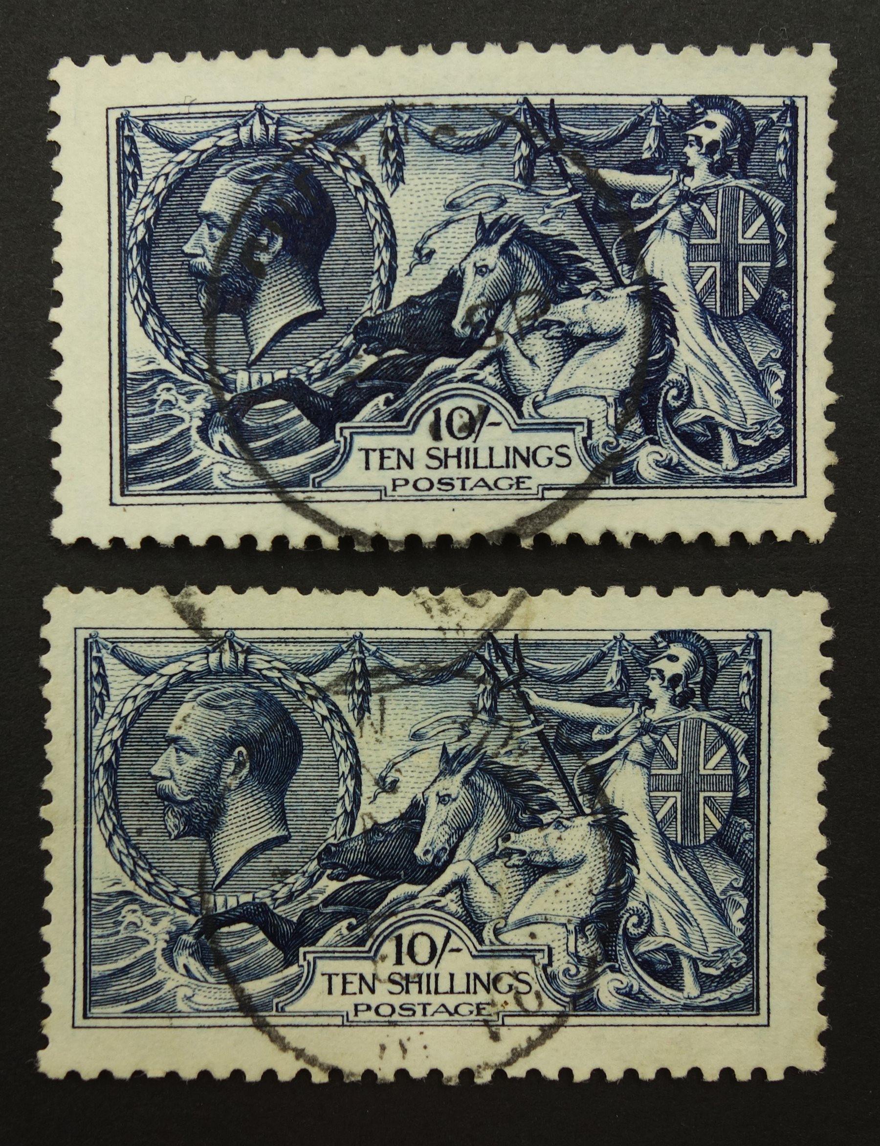 Great Britain two King V used ten shilling 'seahorse' stamps