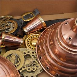 Collection of loose horse brasses, Wafax copper bed warmer, pair of brass shell cases, copper posser, warming pan on turned wooden handle etc