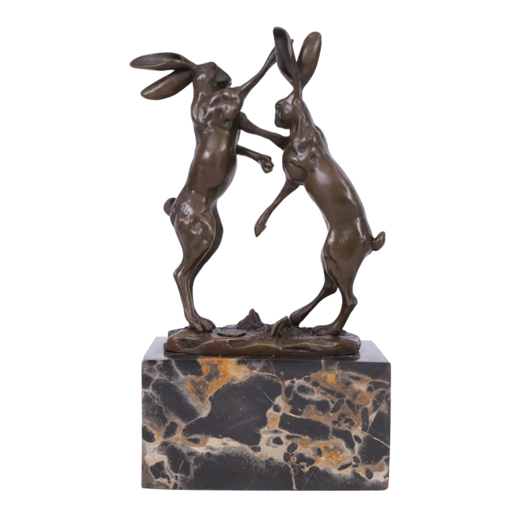After Mario Nick; two hares boxing, bronze figure group, signed Nick and bearing foundry mark, upon rectangular plinth, overall H23.5cm