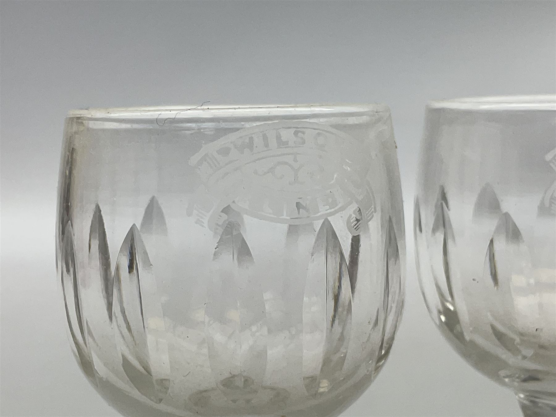 Wilson Line of Hull - five graduated ceramic jugs by Weatherby, Adams and Crown Ducal, largest H22cm, sets of six port and liqueur glasses, four silver plated menu holders and glass ashtray (22)  