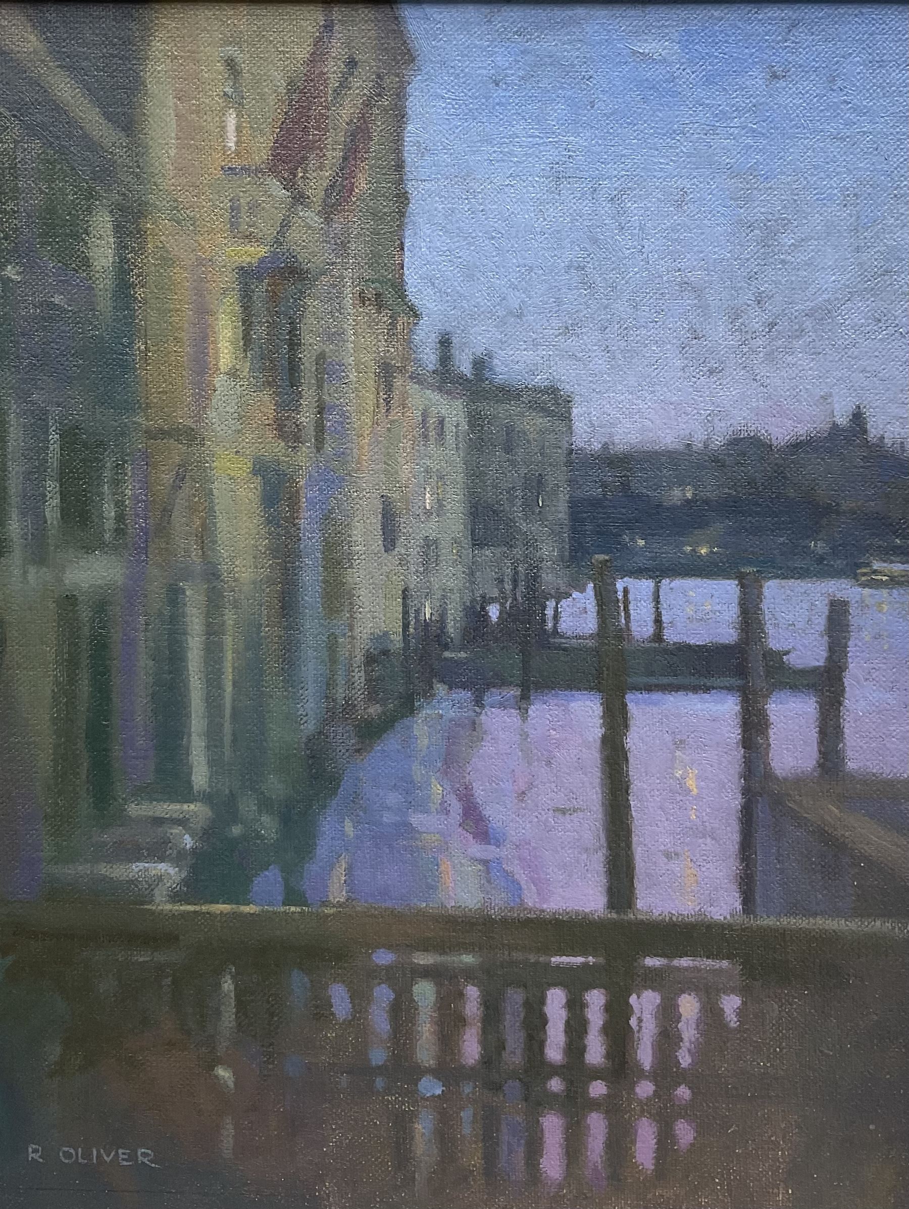 Raymond Oliver (British 1933-): 'The Grand Canal from the Guggenheim Museum', oil on canvas board signed, titled verso 29cm x 24cm 