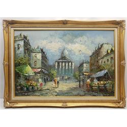French School (20th century): Parisian Street Scene with Figures and Flower Market, oil on canvas signed 'Burnett' 60cm x 90cm