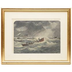 Joseph Eaman (British 1853-1907): Fisherman at Heavy Tides, watercolour signed 26cm x 41.5cm; After Frederick James Smyth (British fl.1841-1867): Stormy off Tynemouth Castle, hand-coloured engraving signed on the plate 24cm x 34cm; After Harry Hodges Tansley (British 1883-1961): Sheringham and Cromer, photographic print 18.5cm x 28.5cm (3)