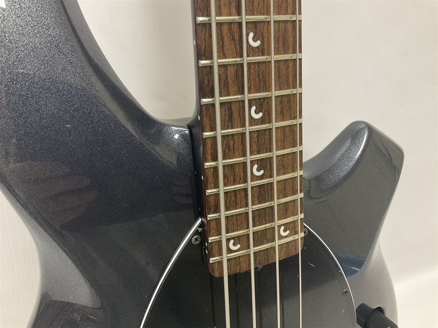 Music Man Bongo 4 string bass guitar, in sapphire black finish, serial no F42547, in black Music Man hard case, guitar L113cm