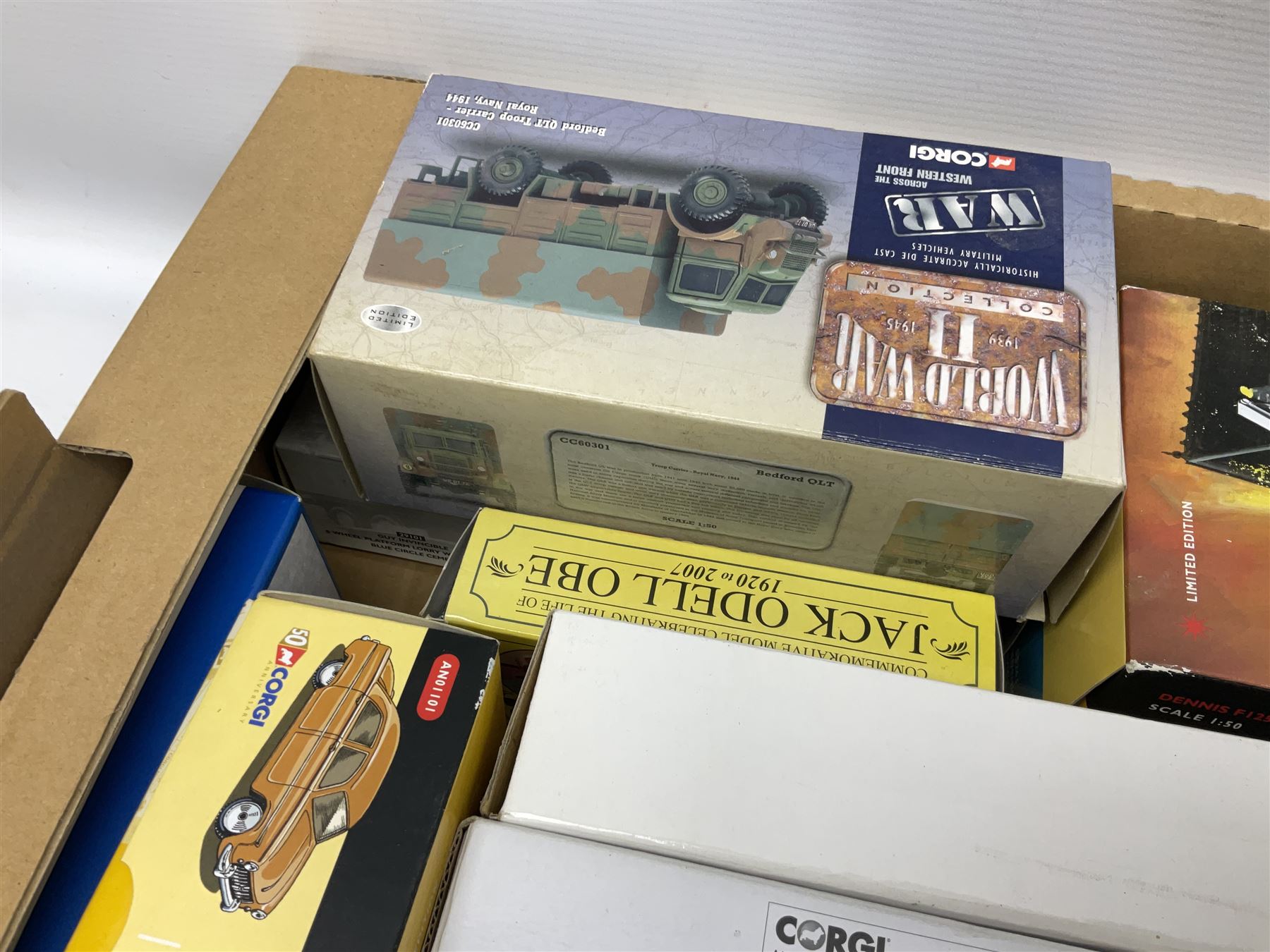 Corgi Limited Edition scale die-cast models including a Ford Transit Wrecker - AA, 50th Anniversary 1:50 scale model; AN13009 Dennis F125 Simon Snorkel SS263,  limited edition 1:50 scale Austin 4 wheel Platform Lorry in BRS livery, Guy Invincible 8 Wheel Platform Lorry and others, all boxed (20)