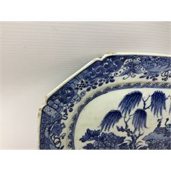 Late 18th/early 19th century Chinese export blue and white platter, of rectangular form with canted corners, decorated with central scene of willow tree and precious objects, within a spearhead inner border and outer fitzhugh type border, W33cm, together with an English blue and white pearlware Willow pattern example 