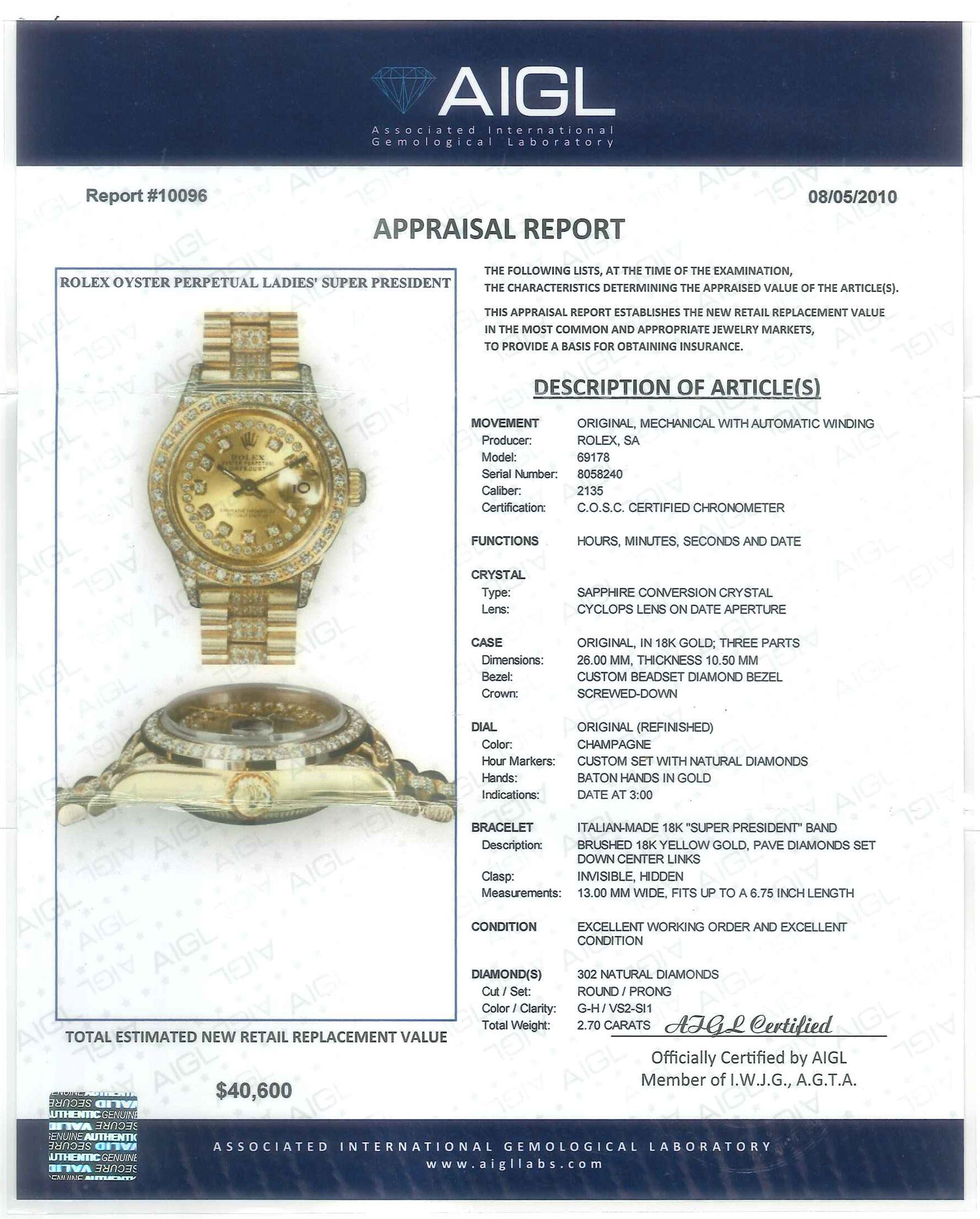 Rolex Oyster Perpetual Datejust ladies 18ct gold automatic wristwatch, circa 1983, Ref. 69178, serial No. 8058240, champagne dial diamond dot hour markers and outer diamond ring, after market diamond set bezel and lugs, on 18ct gold President bracelet, set with after market diamonds, with AIGL report and additional links