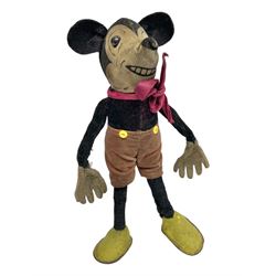 Deans Rag Book Mickey Mouse soft toy, circa 1930's, black velveteen head and body, with cream face and hands, red shorts and yellow felt shoes, marked Reg. No. 750811 to neck H19cm