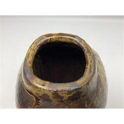 Janet Leach (American, 1918-1997) for Leach Pottery; studio pottery Bizen style vase of tapering form, the stoneware body decorated in a mottled green and brown dripped ash glaze, with impressed J.L. monogram and stamp marks beneath, H30cm
