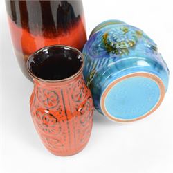 Six West German and similar vases, including lava example and orange bottle neck example, tallest H26cm