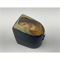 19th century lacquer thimble case with painted portrait of a woman to the hinged lid, together with two mother of pearl egg shaped thimble cases and one other