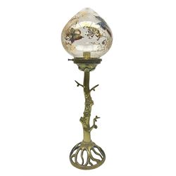 Art Nouveau style table lamp, modeled as a tree with roots upon the circular base, with a glass shade with gilt decoration and butterflies, H50cm