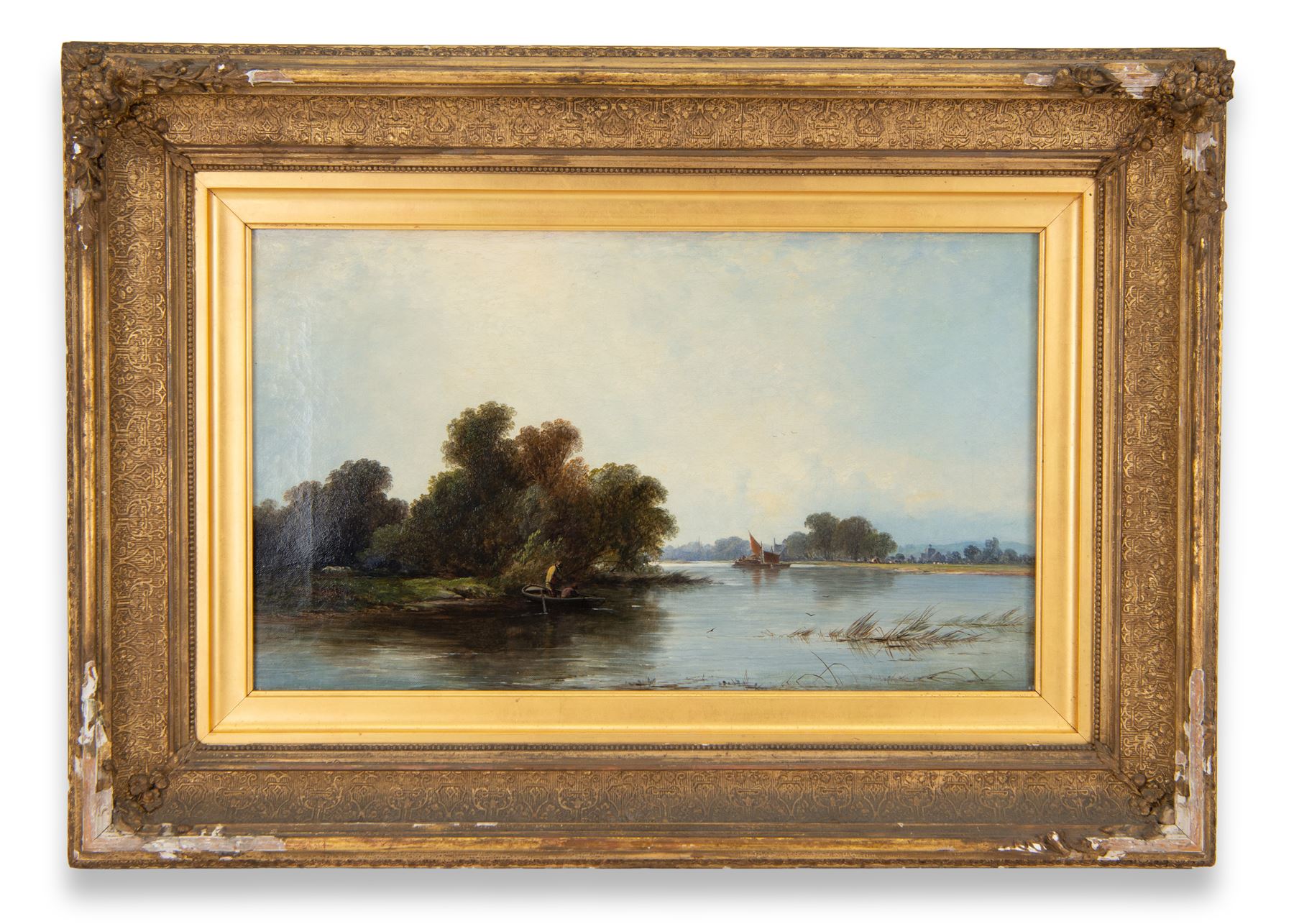 George Augustus Williams (British 1814-1901): Fishing on the Thames, oil on canvas, signed and titled on original label verso 30cm x 50cm 
Provenance: private collection, purchased David Duggleby Ltd 6th December 2019 Lot 102