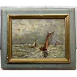 Maurice Courant (French 1847-1925): Sail Boats Off the French Coast, oil on board signed and dated 1923, 23cm x 33cm 