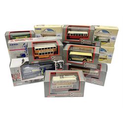 Corgi - Eight limited edition The Original Omnibus 1:76 scale die-cast models including Bristol L5G, Weymann Trolley Bus and Leyland Leopard, all boxed with certificates; together with Routemasters in Exile The North four bus box set; Pontins Balloon Tram; and seven limited edition Classic Public Transport models including Double Deck Tram Grimsby, Plymouth and Cardiff; all boxed with certificates (17) 
