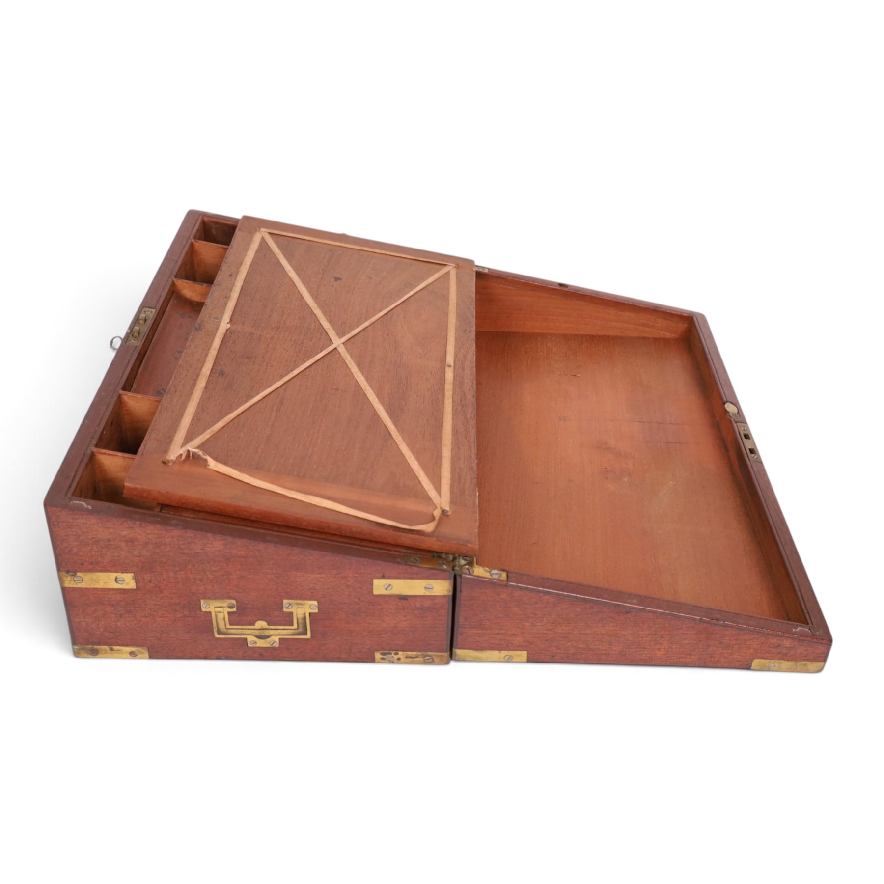 Mid 19th century brass bound mahogany writing box, with flush handles and side draw, the hinged lid opening to reveal a green felt writing slope, H16cm, L46cm 