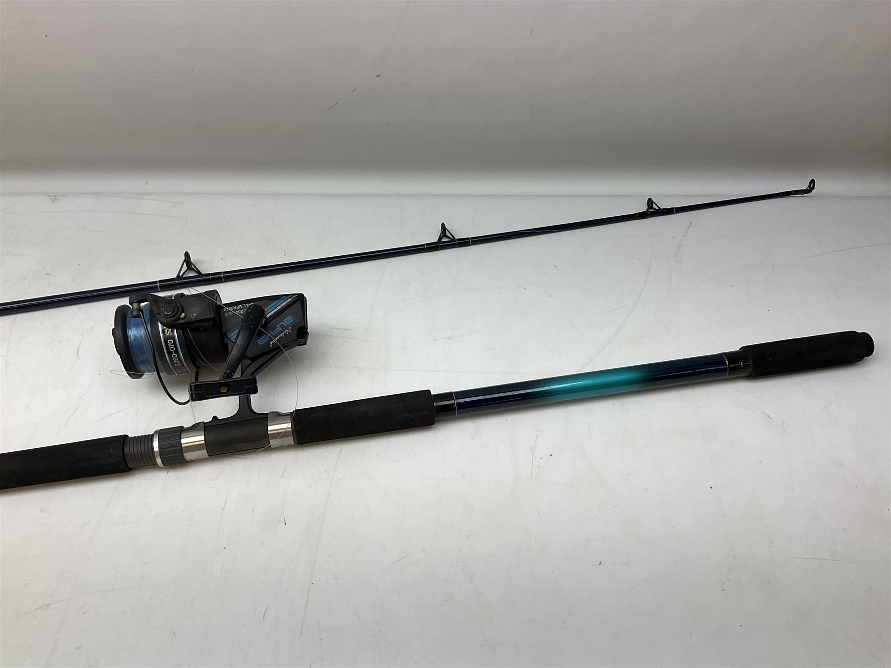Shakespeare 'Composite Beachcaster 1332-300' 10ft two piece rod with Shakespeare alpha reel, Elastiglas two piece fly rod, Ryobi Masterline carbon fibre 'Pioneer PIF 85 Fly 8' 6