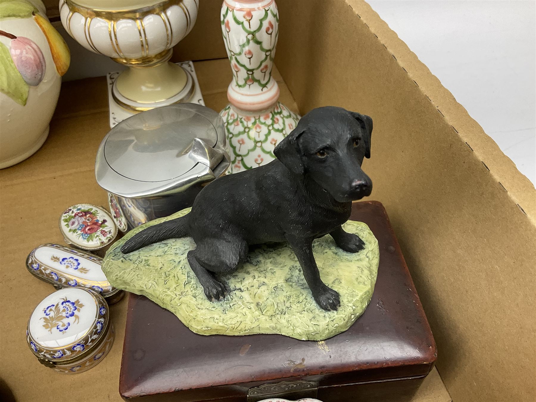 Coalport 'Persian Flower' part tea service for four, together with Elizabethan 'Cavendish' cups and saucers, Border Fine Arts dog figure, other teawares and ceramics, metalware etc in two boxes