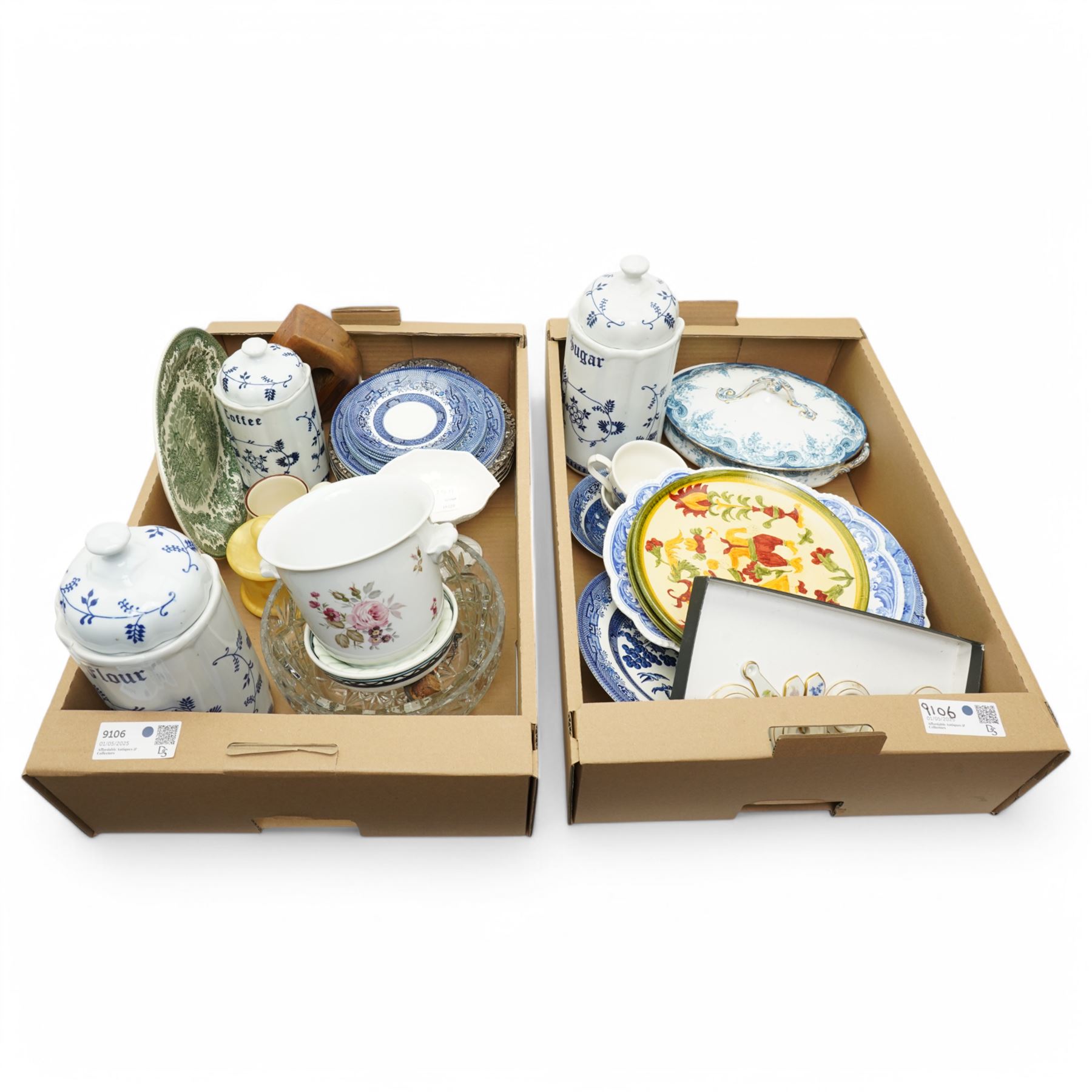 Early 19th century Rogers blue and white platter, other blue and white plates, ceramic door furniture, Palissy Game series bowls, folk art plates etc in two boxes