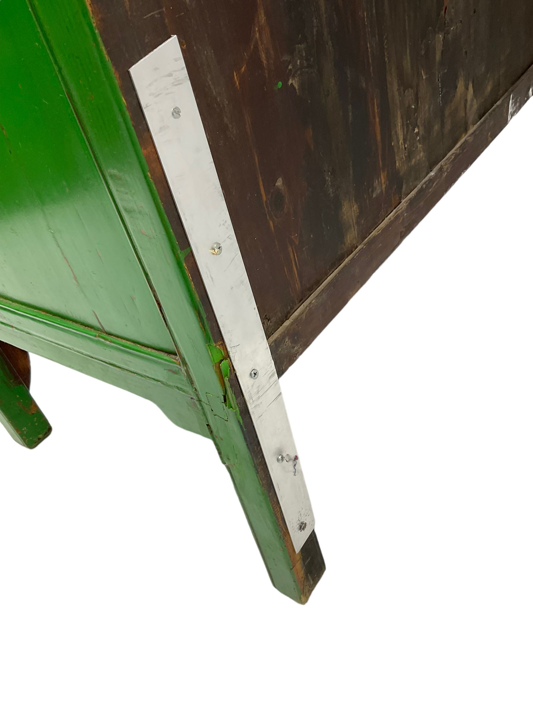 Chinese green lacquered hardwood moon cabinet, two panelled doors with metal mounts decorated with the zodiac animals and traditionally dressed figures, enclosing two drawers and shelves over single secret compartment