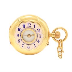 Early 20th century 18ct gold half hunter keyless lever fob watch by Asprey, white enamel d...