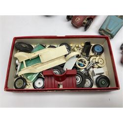 Various Makers - fourteen unboxed and playworn die-cast models including Wee-Kin Sunbeam Talbot, Corgi James Bond Aston Martin and ERF lorry, Dinky Thunderbolt Racing Car, Cadillac Eldorado, Cunningham C5-R, Lagonda etc; Minic tin-plate police car and jeep; other tin-plate models; Merit Plastic racing cars and quantity of spare parts etc