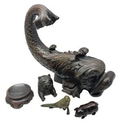 Cold painted bronze figure of a budgie/parrot, oriental style carved whimsical dragon fish, pig netsuke and carved bear lidded box