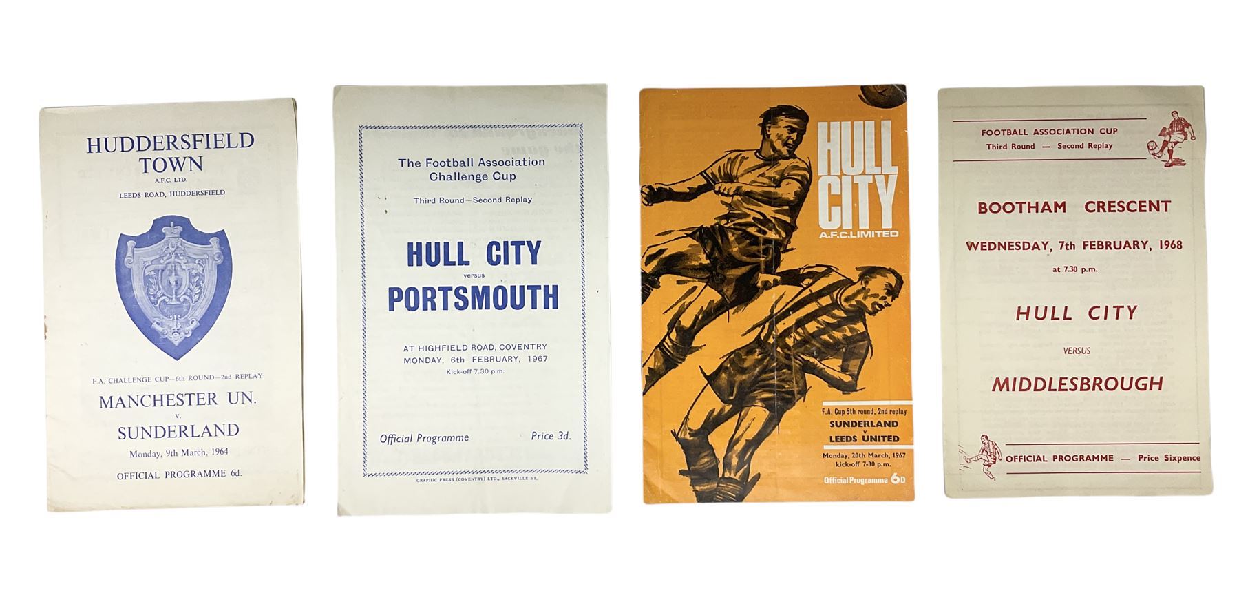 Four 1960s football programmes for F.A. Cup second replay games at neutral grounds - 1964 6th Round Manchester United v Sunderland at Huddersfield; 1967 3rd Round Hull City v Portsmouth at Coventry; 1967 5th Round Sunderland v Leeds at Hull; and 1968 3rd Round Hull City v Middlesbrough at York