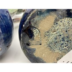 Pair of Art Nouveau style vases, probably Belgian, each with merging blue, brown and green decoration and three handles, impressed LSV beneath, H32cm