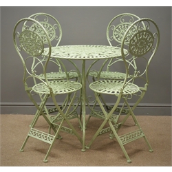  Green finish wrought metal circular garden table (D70cm, H75cm), and four folding chairs  