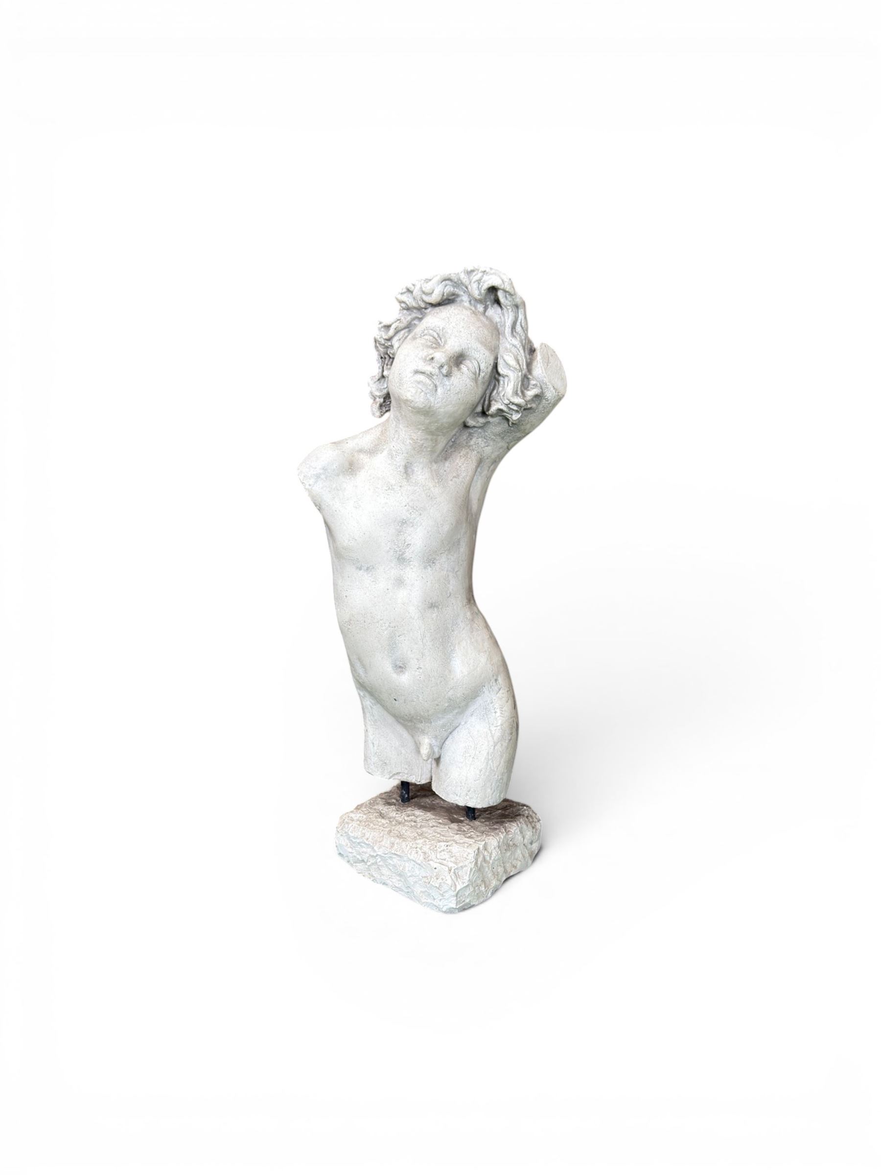 Early 20th century sculptured painted plaster figure of a boys torso, raised on 'stone' plinth