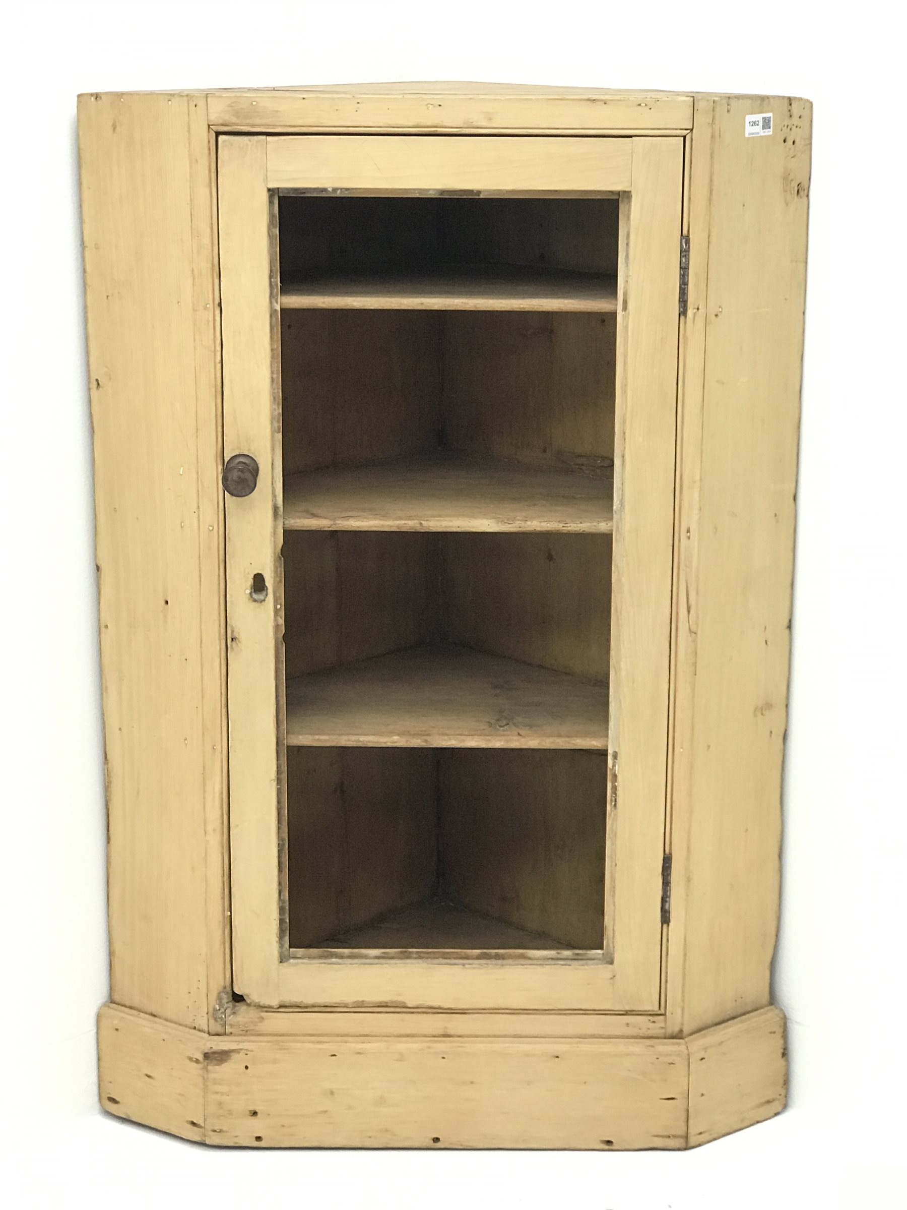 Victorian pine corner cabinet, single door, three shelves, W76cm, H114cm, D44cm
