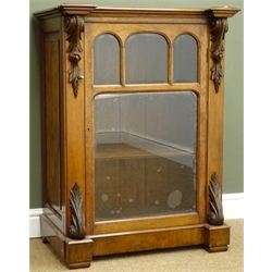  Victorian walnut cabinet, moulded break front top,four piece bevel edge glass door enclosing two shelves, flanked by acanthus carvings, platform base, W71cm, H94cm, D45cm  